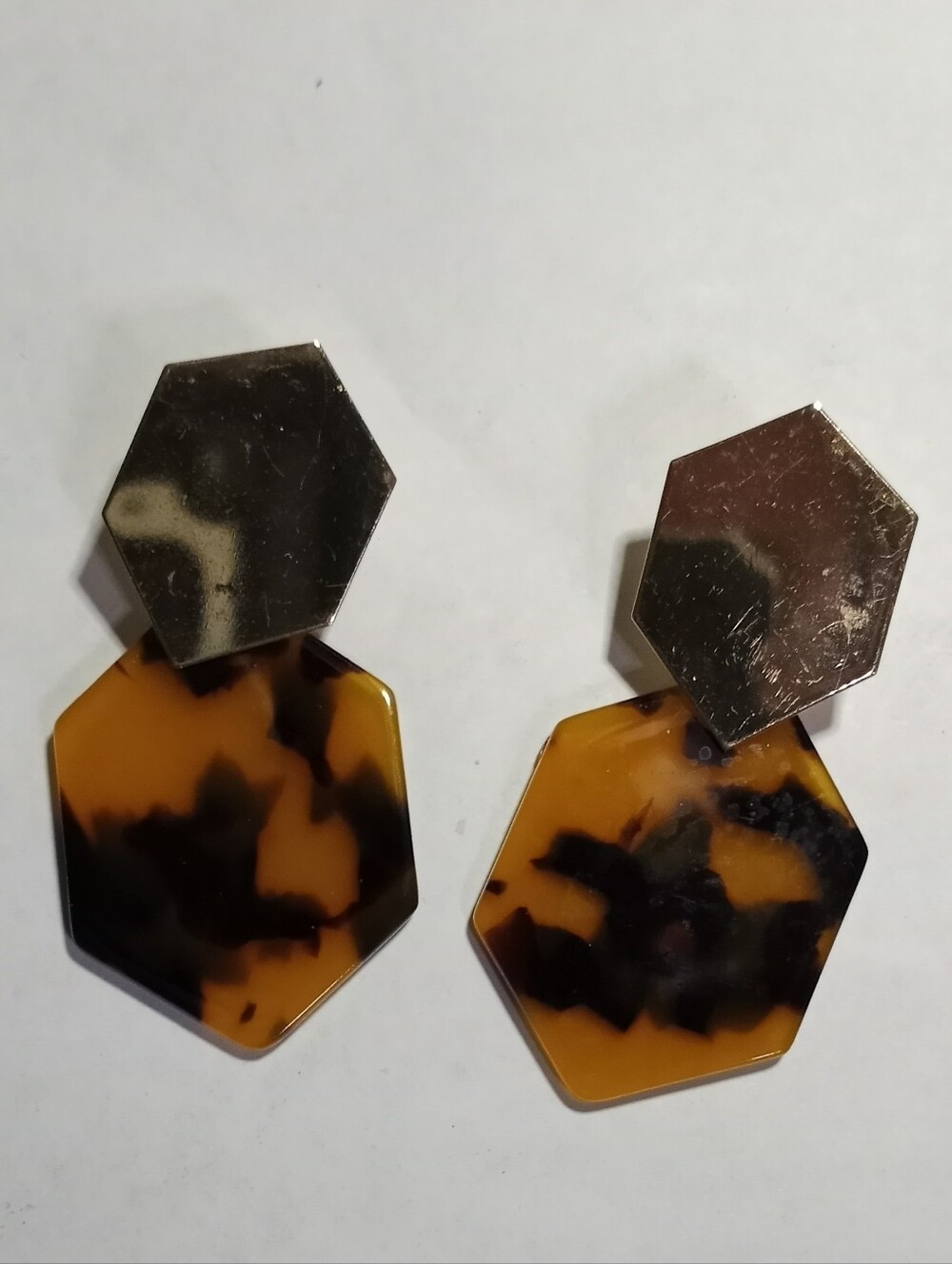 Hexagon Tortoiseshell Drop Earrings - Gold Tone